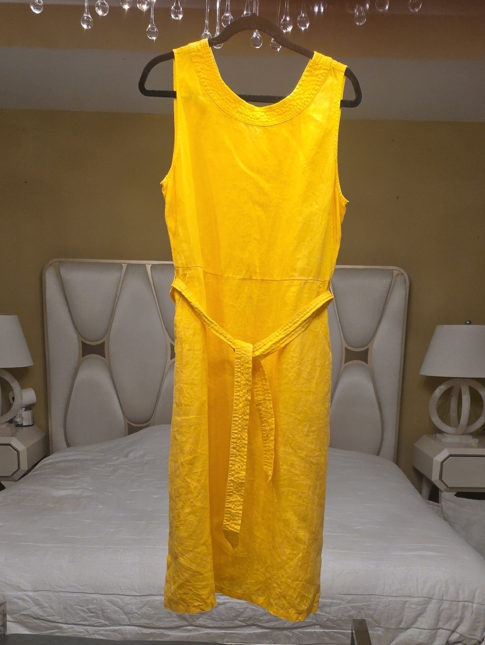 Nicole Miller New York Sleeveless Linen Yellow Midi Dress with Waist Tie Size 14